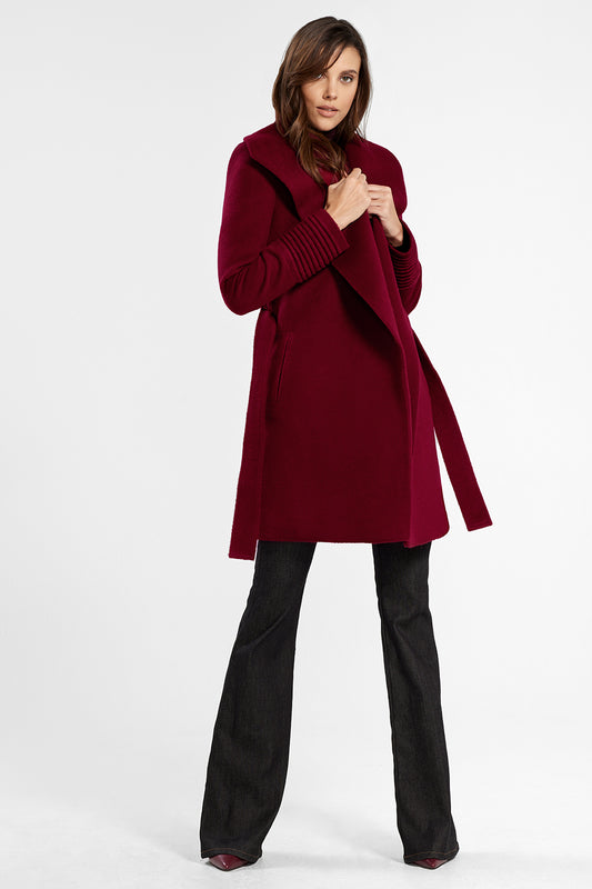Sentaler Mid Length Shawl Collar Wrap Coat featured in Baby Alpaca and available in Garnet Red. Seen in action.