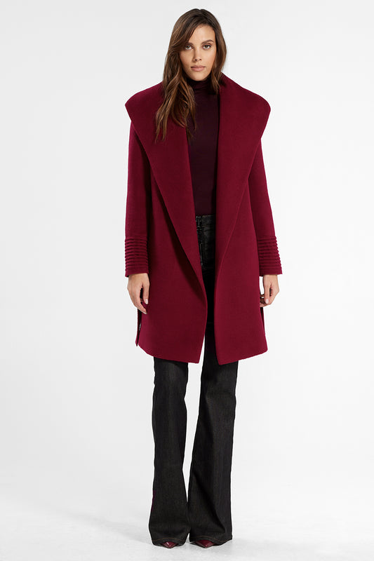 Sentaler Mid Length Shawl Collar Wrap Coat featured in Baby Alpaca and available in Garnet Red. Seen open.