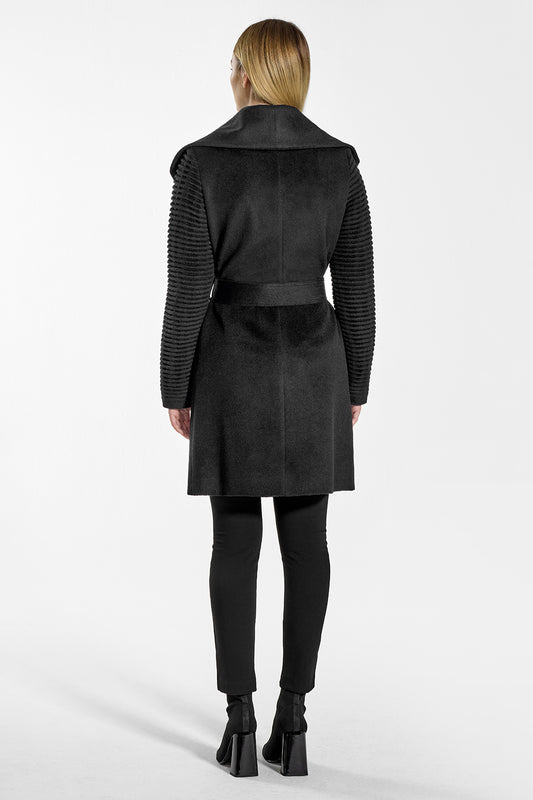 Sentaler Mid Length Shawl Collar Wrap Coat with Ribbed Sleeves featured in Baby Alpaca and available in Black. Seen from back on mode.