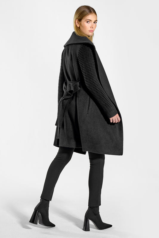 Sentaler Mid Length Shawl Collar Wrap Coat with Ribbed Sleeves featured in Baby Alpaca and available in Black. Seen from side open on mode.