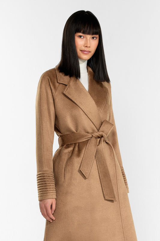 Sentaler Suri Alpaca Long Notched Collar Raglan Sleeve Wrap Coat featured in Suri Alpaca and available in Dark Camel. Seen from front above the knee.