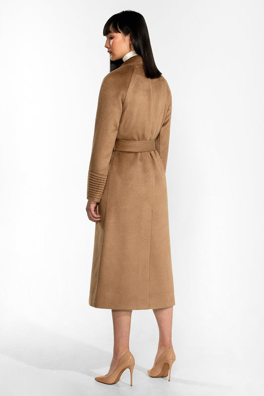 Sentaler Suri Alpaca Long Notched Collar Raglan Sleeve Wrap Coat featured in Suri Alpaca and available in Dark Camel. Seen from back.