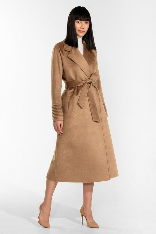 Sentaler Suri Alpaca Long Notched Collar Raglan Sleeve Wrap Coat featured in Suri Alpaca and available in Dark Camel. Seen from front.