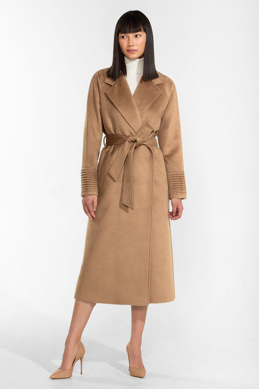 Sentaler Suri Alpaca Long Notched Collar Raglan Sleeve Wrap Coat featured in Suri Alpaca and available in Dark Camel. Seen from front.
