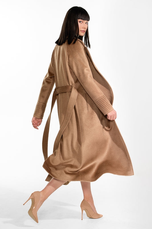 Sentaler Suri Alpaca Long Notched Collar Raglan Sleeve Wrap Coat featured in Suri Alpaca and available in Dark Camel. Seen from side open.