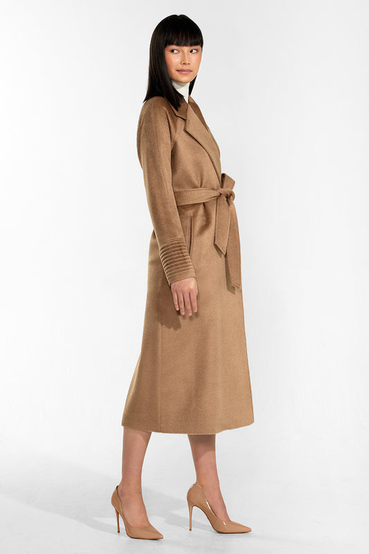 Sentaler Suri Alpaca Long Notched Collar Raglan Sleeve Wrap Coat featured in Suri Alpaca and available in Dark Camel. Seen from side.