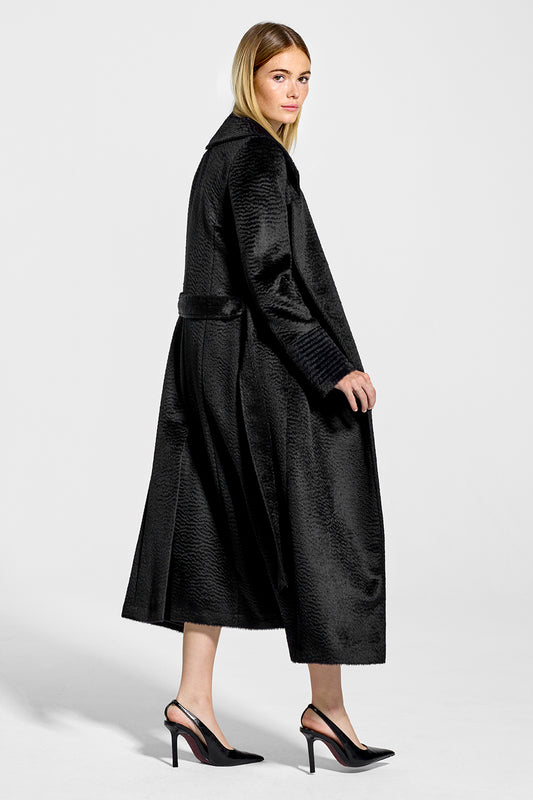 Sentaler Suri Alpaca Long Notched Collar Wrap Coat featured in Suri Alpaca and available in Black. Seen from side open on model.
