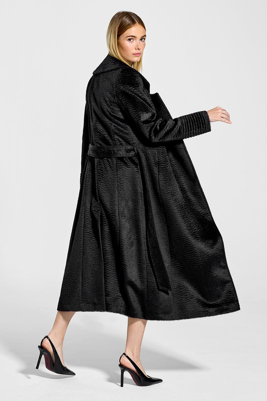 Sentaler Suri Alpaca Long Notched Collar Wrap Coat featured in Suri Alpaca and available in Black. Seen from side open on model.