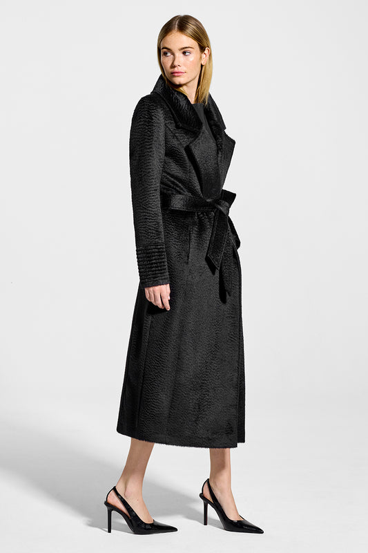 Sentaler Suri Alpaca Long Notched Collar Wrap Coat featured in Suri Alpaca and available in Black. Seen from side on model.