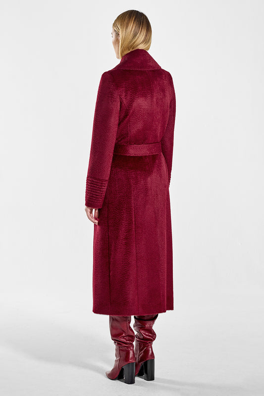 Sentaler Suri Alpaca Long Notched Collar Wrap Coat featured in Suri Alpaca and available in Bordeaux. Seen from back on model.