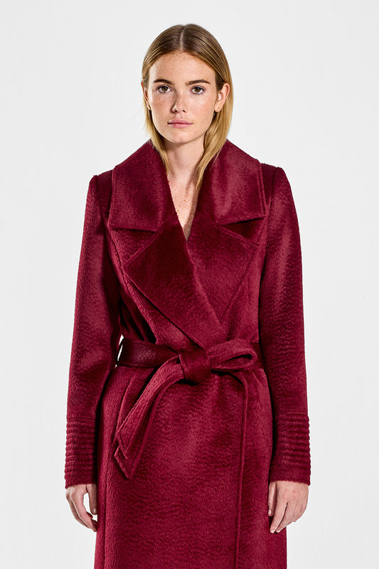 Sentaler Suri Alpaca Long Notched Collar Wrap Coat featured in Suri Alpaca and available in Bordeaux. Seen from front above the knee on model.