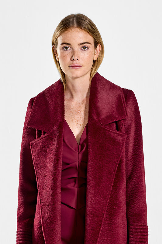 Sentaler Suri Alpaca Long Notched Collar Wrap Coat featured in Suri Alpaca and available in Bordeaux. Seen from front open close up on model.