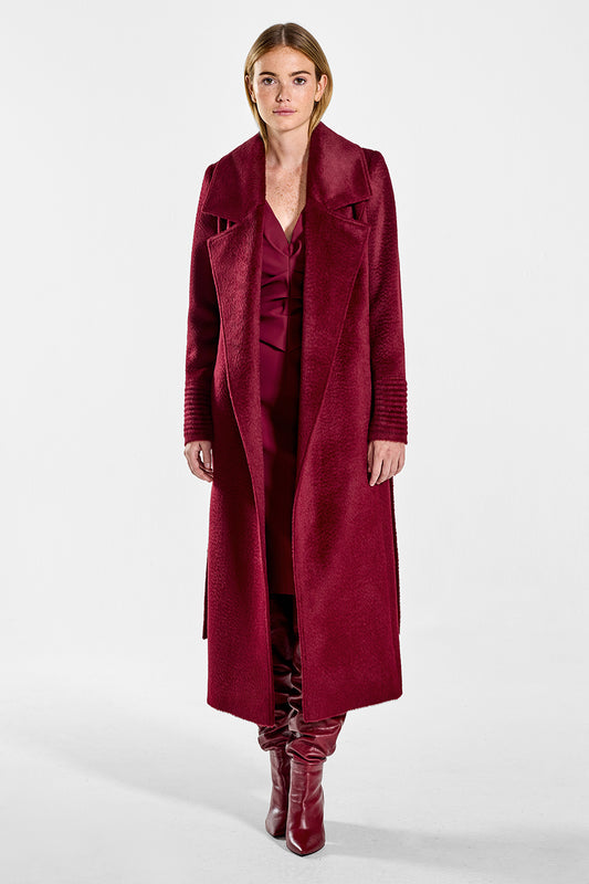 Sentaler Suri Alpaca Long Notched Collar Wrap Coat featured in Suri Alpaca and available in Bordeaux. Seen from front open on model.