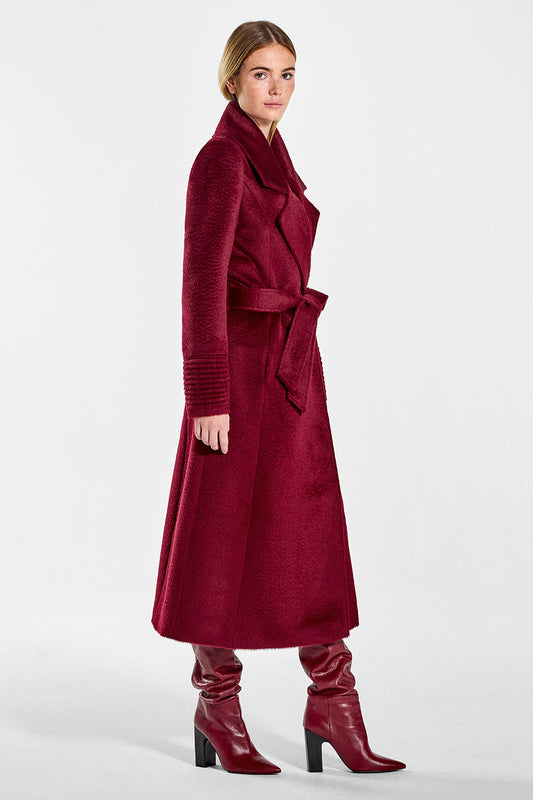Sentaler Suri Alpaca Long Notched Collar Wrap Coat featured in Suri Alpaca and available in Bordeaux. Seen from side on model.