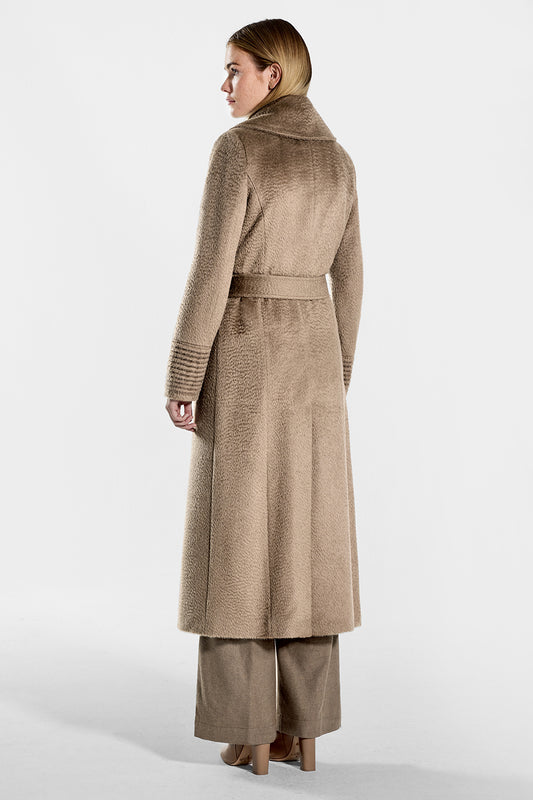 Sentaler Suri Alpaca Long Notched Collar Wrap Coat featured in Suri Alpaca and available in Hazelnut. Seen from back on model.