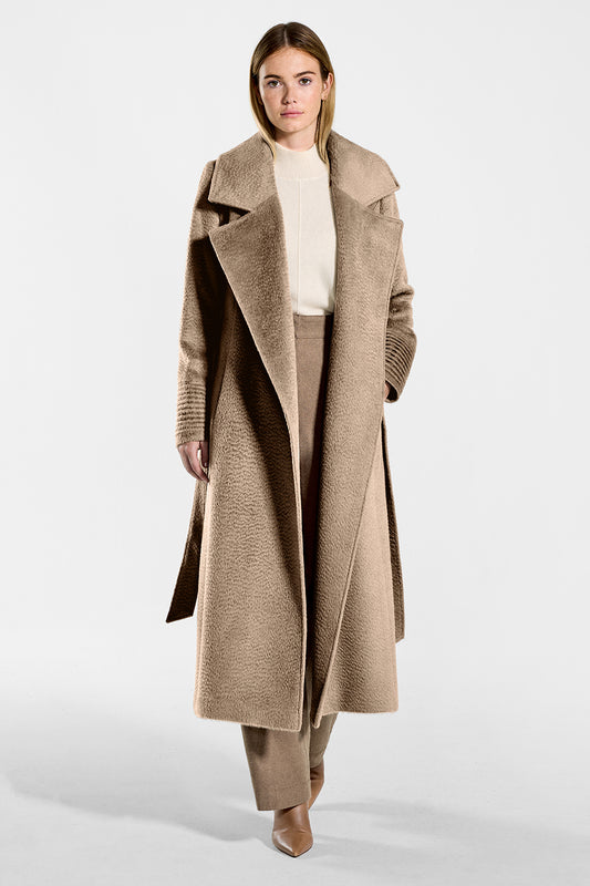 Sentaler Suri Alpaca Long Notched Collar Wrap Coat featured in Suri Alpaca and available in Hazelnut. Seen from front open on model.
