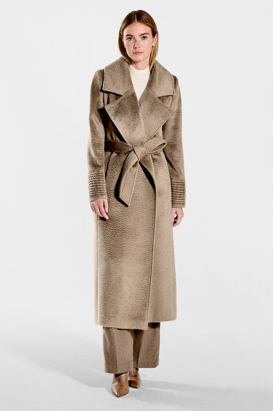 Sentaler Suri Alpaca Long Notched Collar Wrap Coat featured in Suri Alpaca and available in Hazelnut. Seen from front on model.