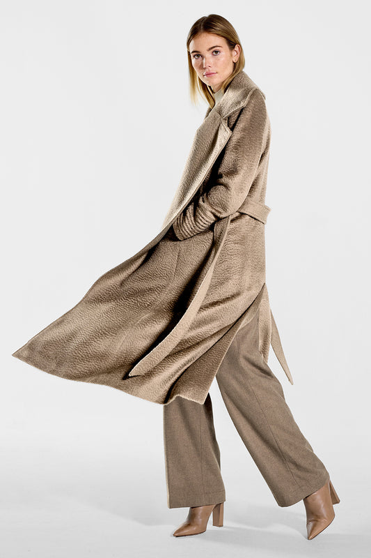 Sentaler Suri Alpaca Long Notched Collar Wrap Coat featured in Suri Alpaca and available in Hazelnut. Seen from side open on model.