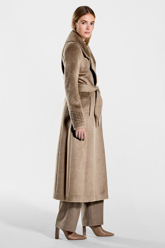 Sentaler Suri Alpaca Long Notched Collar Wrap Coat featured in Suri Alpaca and available in Hazelnut. Seen from side on model.