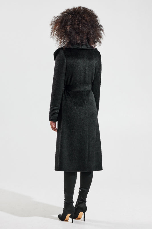 Sentaler Suri Alpaca Long Shawl Collar Wrap Coat featured in Suri Alpaca and available in Black. Seen from back.