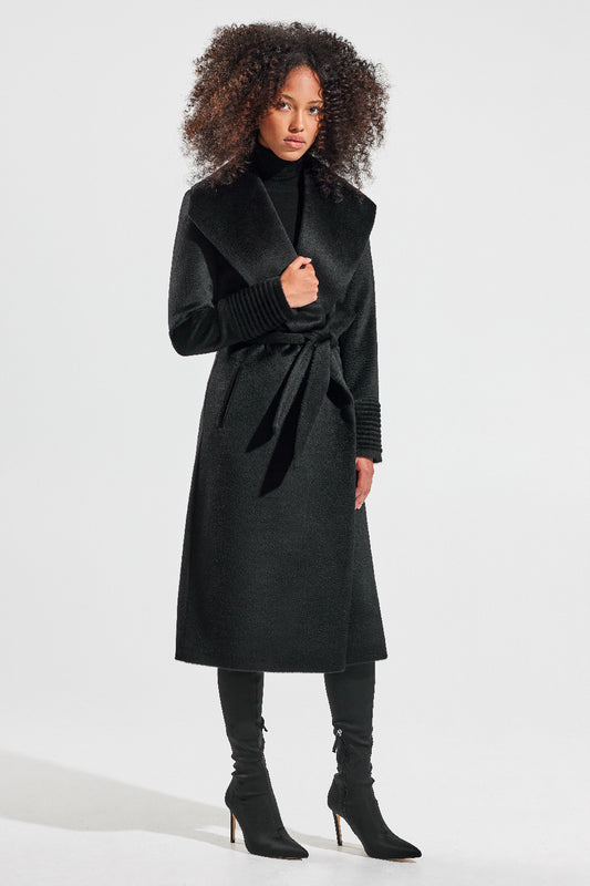 Sentaler Suri Alpaca Long Shawl Collar Wrap Coat featured in Suri Alpaca and available in Black. Seen from front.