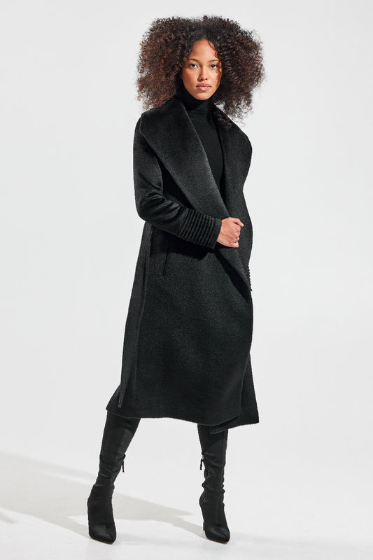 Sentaler Suri Alpaca Long Shawl Collar Wrap Coat featured in Suri Alpaca and available in Black. Seen from front.