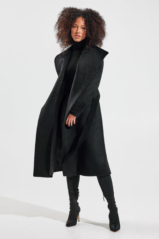 Sentaler Suri Alpaca Long Shawl Collar Wrap Coat featured in Suri Alpaca and available in Black. Seen from front open.