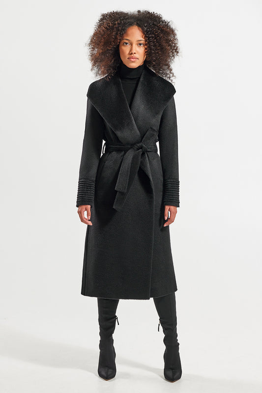 Sentaler Suri Alpaca Long Shawl Collar Wrap Coat featured in Suri Alpaca and available in Black. Seen from front.