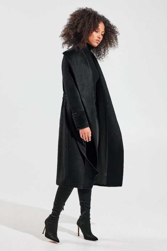 Sentaler Suri Alpaca Long Shawl Collar Wrap Coat featured in Suri Alpaca and available in Black. Seen from side open.