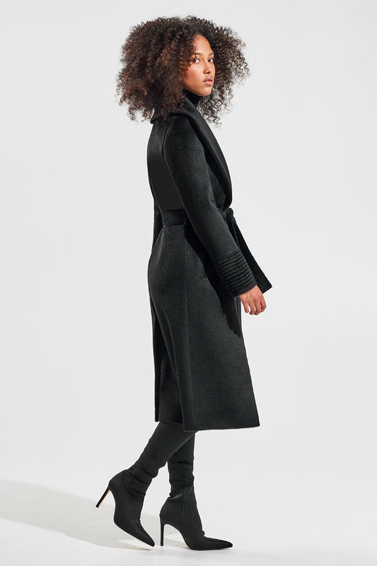 Sentaler Suri Alpaca Long Shawl Collar Wrap Coat featured in Suri Alpaca and available in Black. Seen from side.