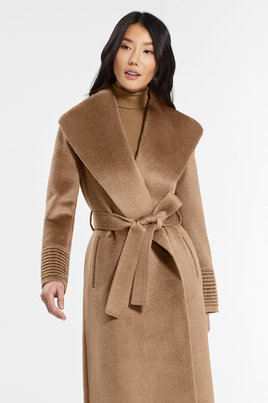 Sentaler Suri Alpaca Long Shawl Collar Wrap Coat featured in Suri Alpaca and available in Dark Camel. Seen from front above the knee.