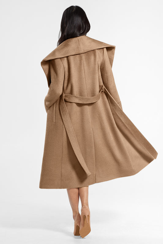 Sentaler Suri Alpaca Long Shawl Collar Wrap Coat featured in Suri Alpaca and available in Dark Camel. Seen from back.