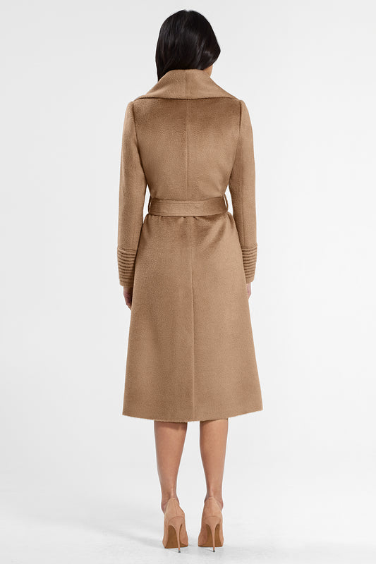 Sentaler Suri Alpaca Long Shawl Collar Wrap Coat featured in Suri Alpaca and available in Dark Camel. Seen from back.