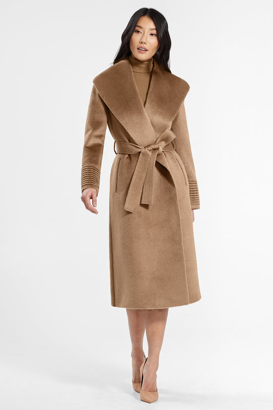 Sentaler Suri Alpaca Long Shawl Collar Wrap Coat featured in Suri Alpaca and available in Dark Camel. Seen from front..