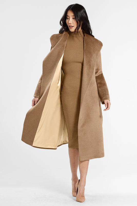 Sentaler Suri Alpaca Long Shawl Collar Wrap Coat featured in Suri Alpaca and available in Dark Camel. Seen open.