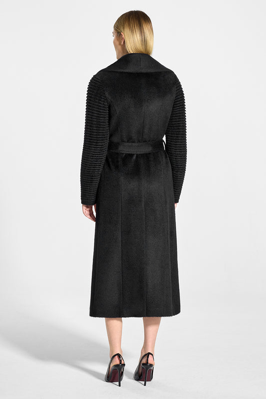 Sentaler Suri Alpaca Long Notched Collar Wrap Coat featured in Suri Alpaca and available in Black. Seen from back on model.