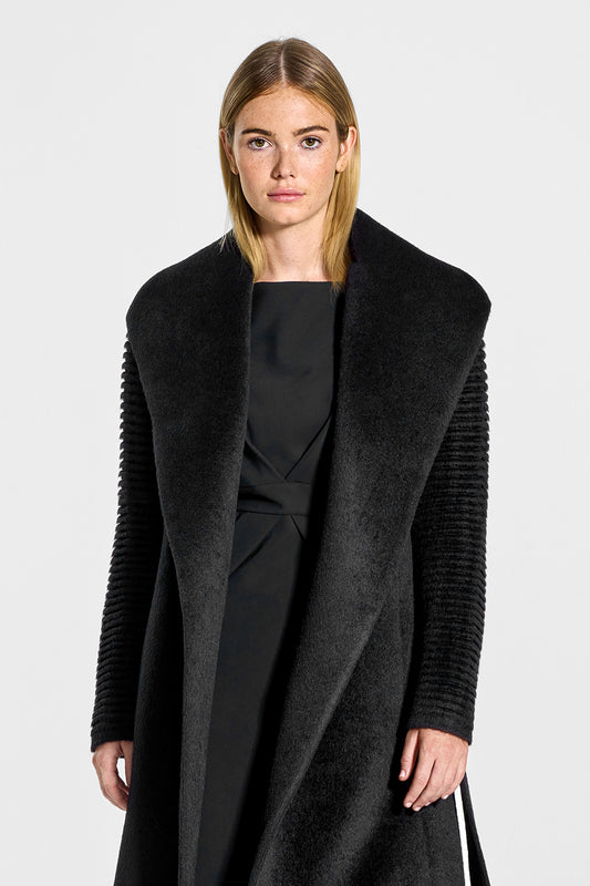 Sentaler Suri Alpaca Long Notched Collar Wrap Coat featured in Suri Alpaca and available in Black. Seen from front open above the knees on model.