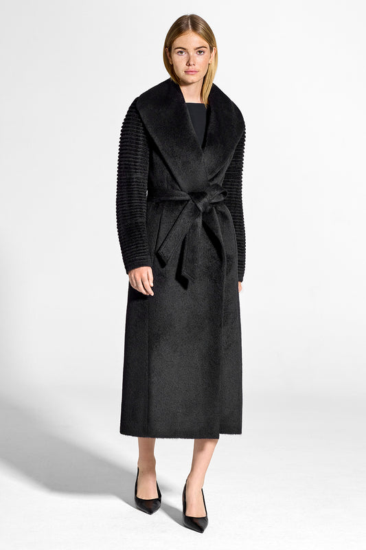 Sentaler Suri Alpaca Long Notched Collar Wrap Coat featured in Suri Alpaca and available in Black. Seen from front on model.