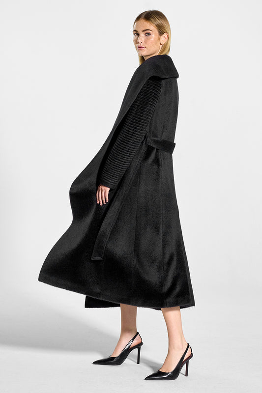 Sentaler Suri Alpaca Long Notched Collar Wrap Coat featured in Suri Alpaca and available in Black. Seen from side open on model.