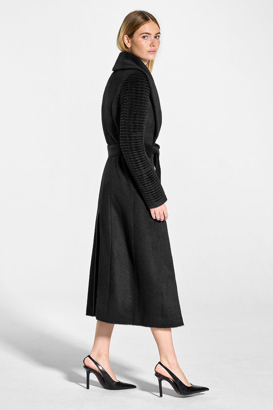 Sentaler Suri Alpaca Long Notched Collar Wrap Coat featured in Suri Alpaca and available in Black. Seen from side on model.