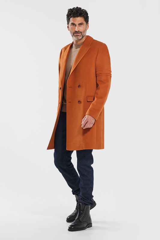 Sentaler Technical Baby Alpaca Double Breasted Overcoat featured in Technical Baby Alpaca and available in Burnt Orange. Seen from side open.