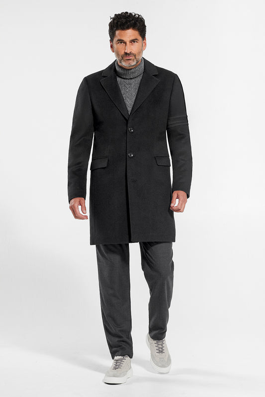 Sentaler Technical Baby Alpaca Notched Lapel Overcoat featured in Technical Baby Alpaca and available in Black. Seen from front on model.