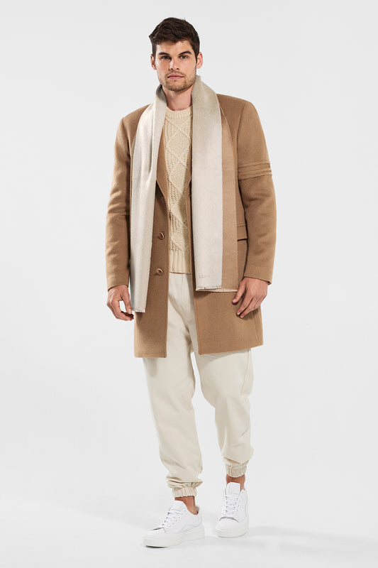 Sentaler Technical Baby Alpaca Notched Lapel Overcoat featured in Technical Baby Alpaca and available in Dark Camel and Double Sided Suri Alpaca Scarf featured in Suri Alpaca in Dark Camel/Light Taupe. Seen from front open.