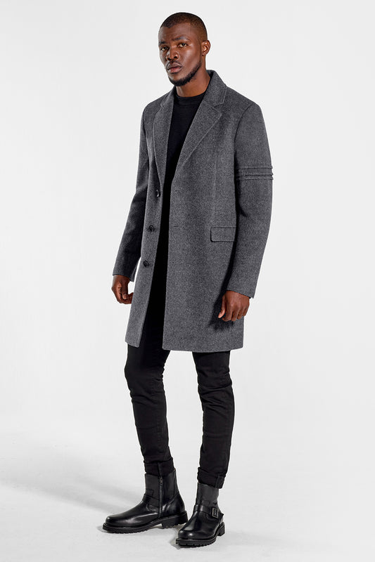 Sentaler Technical Baby Alpaca Notched Lapel Overcoat featured in Technical Baby Alpaca and available in Gravity Grey. Seen from side open.