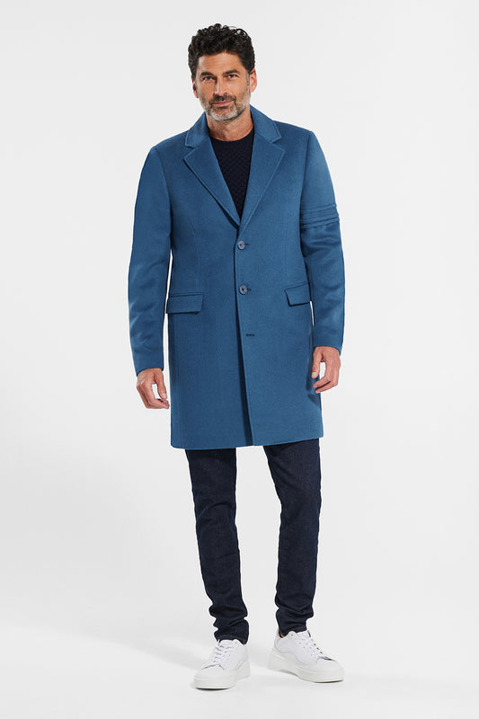 Sentaler Technical Baby Alpaca Notched Lapel Overcoat featured in Technical Baby Alpaca and available in Vintage Blue. Seen from front.