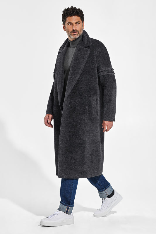 Sentaler Technical Bouclé Alpaca Robe Coat featured in Technical Bouclé Alpaca and available in Charcoal. Seen from side open.