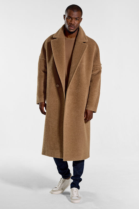 Sentaler Technical Bouclé Alpaca Robe Coat featured in Technical Bouclé Alpaca and available in Dark Camel. Seen from front open on model.
