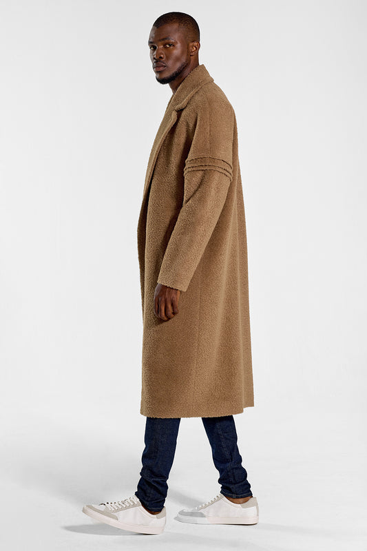 Sentaler Technical Bouclé Alpaca Robe Coat featured in Technical Bouclé Alpaca and available in Dark Camel. Seen from side on model.