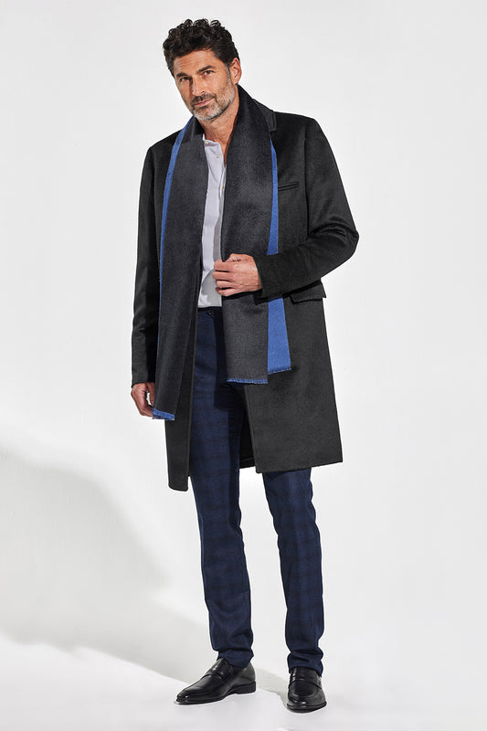 Sentaler Technical Suri Alpaca Notched Lapel Overcoat featured in Technical Suri Alpaca and available in Black with Double Sided Suri Alpaca Scarf in Black/Blue. Seen from front open on model.