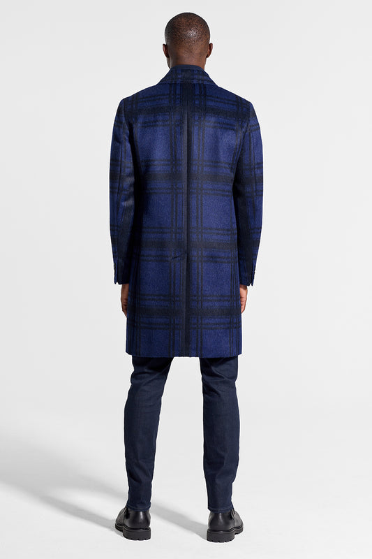 Sentaler Technical Suri Alpaca Notched Lapel Overcoat featured in Technical Suri Alpaca and available in Navy Plaid. Seen from back on model.